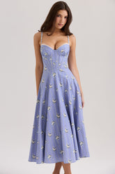 Steffani-Blue Daisy Print Stretch Cotton Midi Sundress