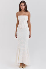 Veronica-Vintage Ivory Embroidered Godet Maxi Skirt