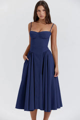 String Shoulder Solid Blue Women's Dress