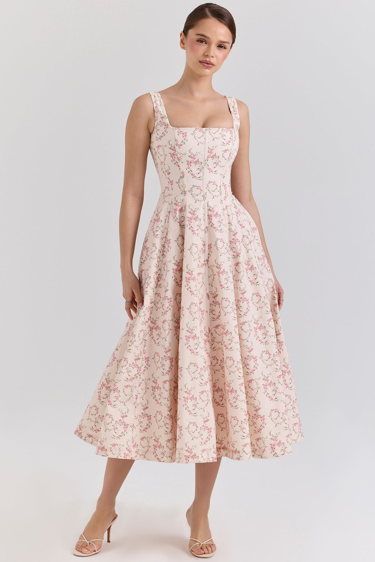 Mariabella-Cream Floral Print Cotton Midi Sun Dress